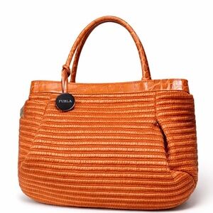 Furla Vintage Embossed Leather Top Handle Satchel Brown Made in Italy